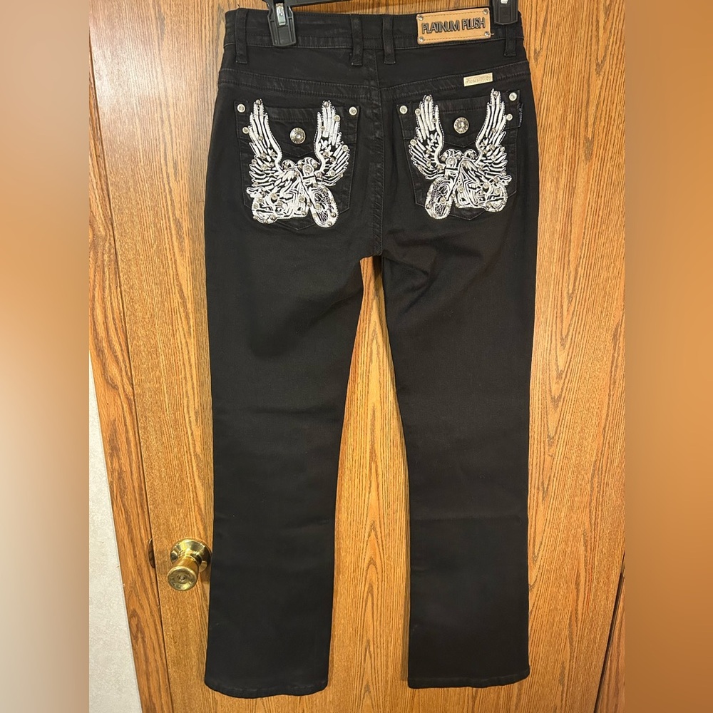 Platinum Plush Rhinestone Embellished Studded Black Biker Angel Jeans - Picture 6 of 10